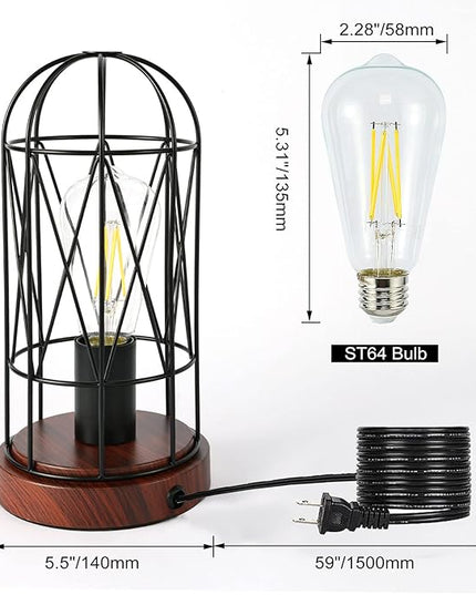 Industrial Table Lamp, Small Touch Control Edison Desk Lamp 3 Way Dimmable Vintage Bedside Lamp with AC Outlet Metal Cage Steampunk Nightstand Lamp for Living Room, Bedroom or Den - LeafyLoom