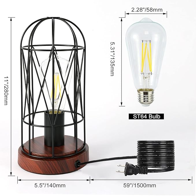 Industrial Table Lamp, Small Touch Control Edison Desk Lamp 3 Way Dimmable Vintage Bedside Lamp with AC Outlet Metal Cage Steampunk Nightstand Lamp for Living Room, Bedroom or Den - LeafyLoom