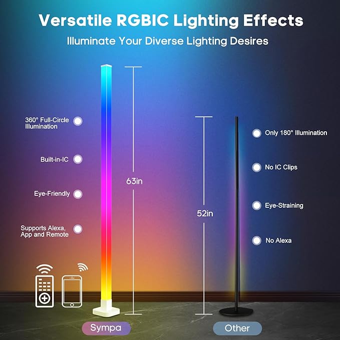 sympa RGB+IC Floor Lamp-63''Smart LED Corner Lamp with Alexa,Color Changing Standing Floor Lamp with 16 Million DIY Colors and Music Sync,Modern Floor Lamp for Living Room,Bedroom and Gaming Room - LeafyLoom