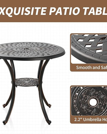 Cast Aluminum Patio Dining Set, Outdoor Bistro Set, 31.5"" Round Patio Table with Umbrella Hole, 2 Patio Chairs for Yard Porch Garden Balcony, Bronze 4 - LeafyLoom