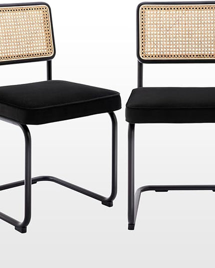 Zesthouse Rattan Dining Chairs Set of 2, Velvet Accent Chairs with Natural Cane Back & Stainless Chrome Base, Modern Mid Century Breuer Designed Chairs, Upholstered Dining Room Kitchen Chairs - LeafyLoom