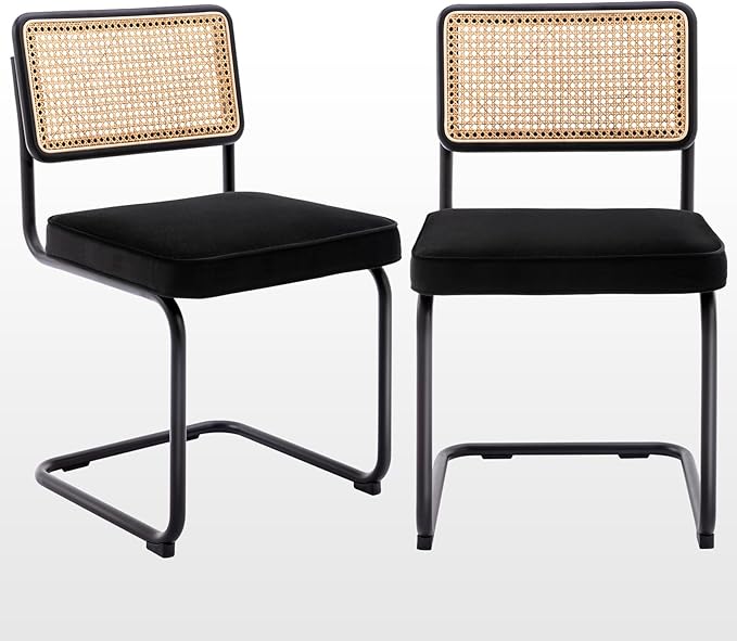 Zesthouse Rattan Dining Chairs Set of 2, Velvet Accent Chairs with Natural Cane Back & Stainless Chrome Base, Modern Mid Century Breuer Designed Chairs, Upholstered Dining Room Kitchen Chairs - LeafyLoom