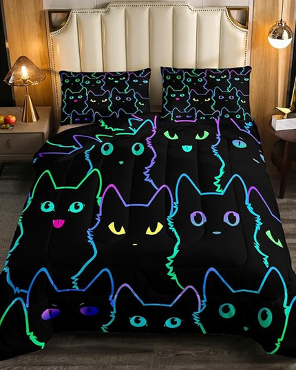 Erosebridal Boys Bedding Cartoon Cat Comforter Set Queen Size,Gradient Line Cute Cat Bedding Set for Kids Teens Girls Adults Room Decor,Lovely Animal Kitten Print Comforter All Season,Rainbow Black - LeafyLoom