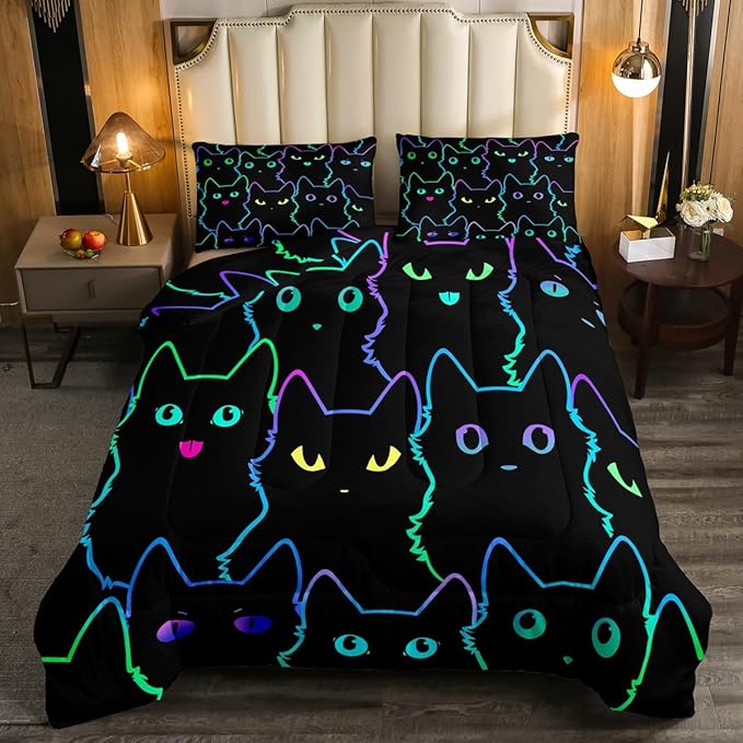Erosebridal Full Size Bedding Set for Girls Cartoon Cat Comforter Set,Gradient Line Cute Cat Bed Sets for Kids Boys Girls Women Room Decor,Lovely Animal Kitten Print Comforter Soft,Rainbow Black - LeafyLoom