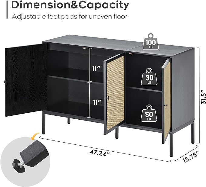 Brafab Rattan Cabinet Storage Sideboard Buffet Table Accent Console for Living Room Entryway Kitchen Dining Room 3 Doors Black - LeafyLoom