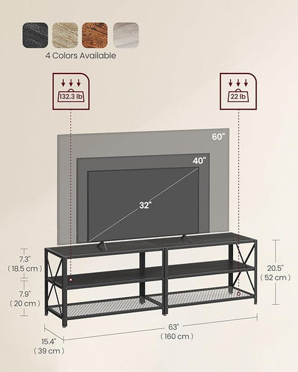 VASAGLE TV Stand, TV Console for TVs Up to 70 Inches, TV Table, 63 Inches Width, TV Cabinet with Storage Shelves, Steel Frame, for Living Room, Bedroom, Black with Wood Grain ULTV095B22 - LeafyLoom