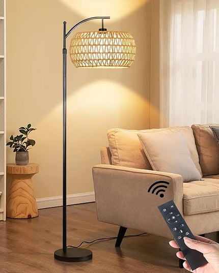 Floor Lamp for Living Room,Bedroom,Boho Rattan Floor Lights,Tree 3 Bulb Standing Lamp Farmhouse Industrial Black Tall Lamp,Wicker Bamboo Lamp Shade Flower Dimmable Floor Lamps Bohemian Decor - LeafyLoom