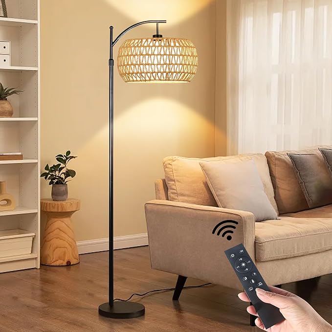 Floor Lamp for Living Room,Bedroom,Boho Rattan Floor Lights,Tree 3 Bulb Standing Lamp Farmhouse Industrial Black Tall Lamp,Wicker Bamboo Lamp Shade Flower Dimmable Floor Lamps Bohemian Decor - LeafyLoom