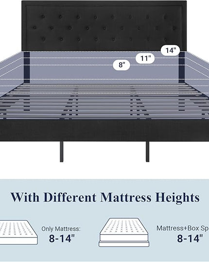 Allewie King Size Bed Frame Upholstered Platform Bed with Adjustable Headboard, Button Tufted, Wood Slat Support, Easy Assembly, Black - LeafyLoom