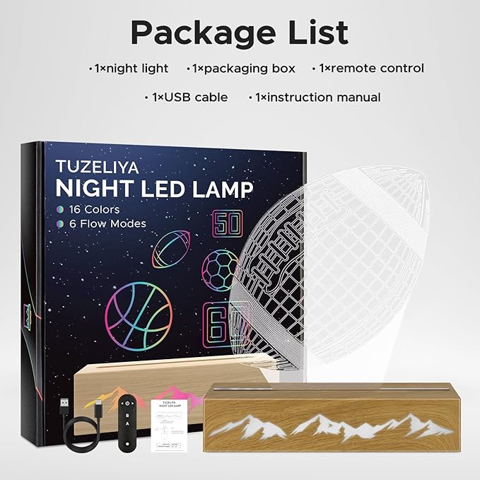 Kids Night Light Football 3D Optical Illusion Lamp with Remote Control 16 Colors Changing Football Birthday Valentine's Day Gift Idea for Sport Fan Boys Girls - LeafyLoom