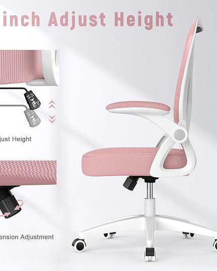 naspaluro Ergonomic Office Chair, Mid Back Desk Chair with Adjustable Height, Swivel Chair with Flip-Up Arms and Lumbar Support, Breathable Mesh Computer Chair for Home/Study/Working, Pink - LeafyLoom
