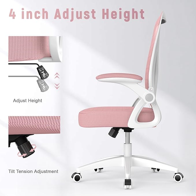 naspaluro Ergonomic Office Chair, Mid Back Desk Chair with Adjustable Height, Swivel Chair with Flip-Up Arms and Lumbar Support, Breathable Mesh Computer Chair for Home/Study/Working, Pink - LeafyLoom