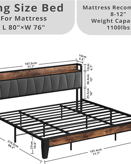 LIKIMIO King Size Bed Frame, Storage Headboard with Charging Station, Solid and Stable, Noise Free, No Box Spring Needed, Easy Assembly - LeafyLoom
