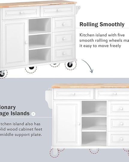 Kitchen Island with Storage Cabinets, Rolling Mobile Kitchen-cart w/Rubber Wood Desktop and 5 Drawers & Open Shelves, Sideboard for Dining Room, Home Bar - LeafyLoom