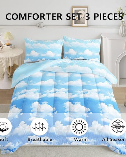 Axolotl Blue Cloud Comforter Set Queen,Light Blue Bedding Set,Cloud Sky Comforter Set Blue Sky and White Clouds Design Bedding Set,Sky Blue Comforter for Kids Girls Boys Teens,1 Quilt 2 Pillowcases - LeafyLoom
