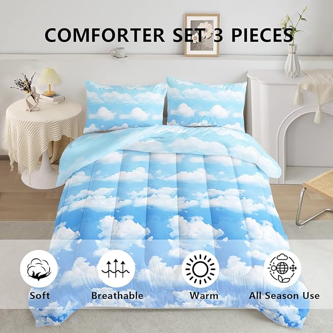 Axolotl Blue Cloud Comforter Set Queen,Light Blue Bedding Set,Cloud Sky Comforter Set Blue Sky and White Clouds Design Bedding Set,Sky Blue Comforter for Kids Girls Boys Teens,1 Quilt 2 Pillowcases - LeafyLoom