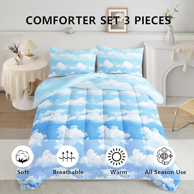 Axolotl Blue Cloud Comforter Set Twin,Light Blue Bedding Set,Cloud Sky Comforter Set Blue Sky and White Clouds Design Bedding Set,Sky Blue Comforter for Kids Girls Boys Teens,1 Quilt 2 Pillowcases - LeafyLoom