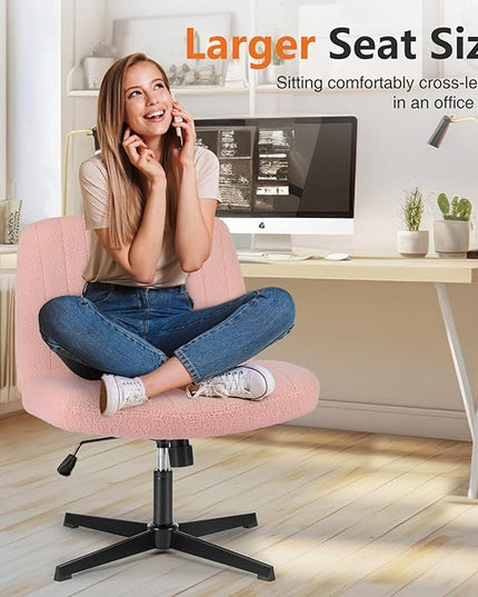 Sweetcrispy Office Chair No Wheels - Armless Desk Chair No Wheels Cross Legged Office Chair Wide Swivel Teddy Fabric Home Office Desk Chairs - LeafyLoom