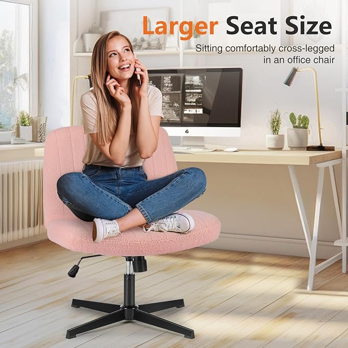 Sweetcrispy Office Chair No Wheels - Armless Desk Chair No Wheels Cross Legged Office Chair Wide Swivel Teddy Fabric Home Office Desk Chairs - LeafyLoom
