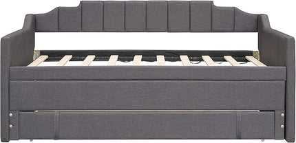 Twin Size Upholstered Daybed Sofa Bed with Trundle and 3 Storage Drawers, for Living Room and Bedroom, Grey - LeafyLoom