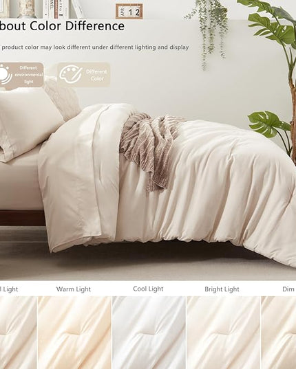 UNILIBRA King Comforter Set 7 Pieces - Beige Bed in a Bag King Size Soft for All Seasons - Cationic Dyeing Bedding Comforter Sets with Comforter, Flat Sheet, Fitted Sheet, Pillowcases & Shams - LeafyLoom