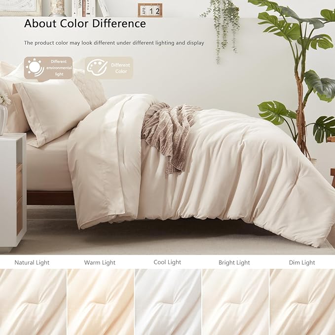UNILIBRA Twin Comforter Set 5 Pieces - Beige Bed in a Bag Twin Size Soft for All Seasons - Cationic Dyeing Bedding Comforter Sets with Comforter, Flat Sheet, Fitted Sheet, Pillowcases & Shams - LeafyLoom