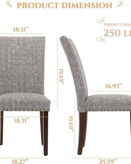 Parsons Dining Chairs Set of 2, Upholstered Nailhead Dining Room Kitchen Side Chair with Thick Cushions and Wood Legs, Black/White - LeafyLoom