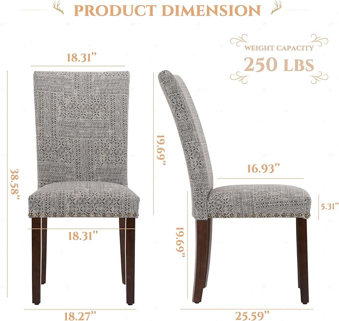 Parsons Dining Chairs Set of 2, Upholstered Nailhead Dining Room Kitchen Side Chair with Thick Cushions and Wood Legs, Black/White - LeafyLoom