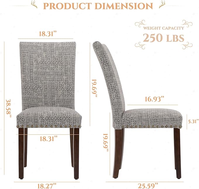 Parsons Dining Chairs Set of 6, Upholstered Nailhead Dining Room Kitchen Side Chair with Thick Cushions and Wood Legs, Black/White - LeafyLoom