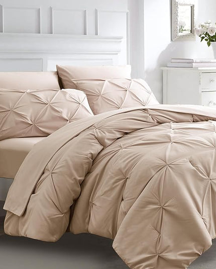Ubauba 7pc Beige King Size Comforter Set with Sheets, 7 Piece Pintuck Bed in a Bag Ivory Bed Set with Comforter, Off White Bedding Comforters & Sets (Cream, King) - LeafyLoom