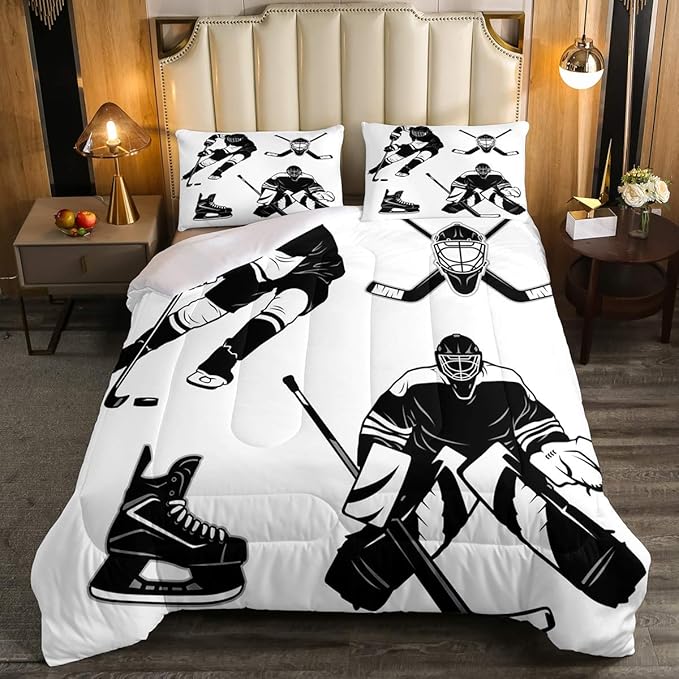 Erosebridal Ice Hockey Comforter Set, Ice Hockey Player Bedding Set Queen, Winter Sports Game Duvet Set, Black White Quilt Set Cartoon Bedding Comforters for Kids Child Boys Teens Gift - LeafyLoom