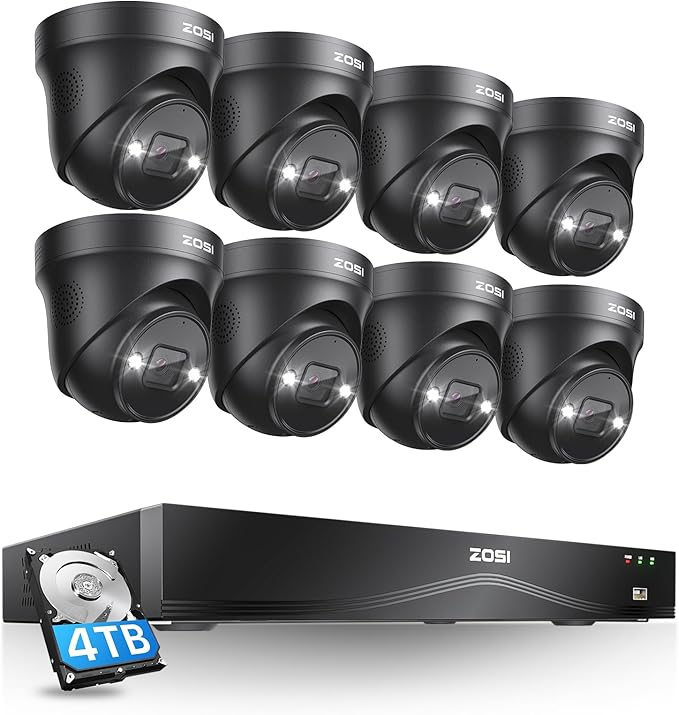 ZOSI 16CH 4K PoE Security Camera System with 4TB HDD,8pcs 8MP 4K PoE Cameras Outdoor Indoor,Person Vehicle Detection,Two-Way Talk,Spotlight Siren Alarm,Color Night Vision,8MP NVR for 24/7 Recording ZOSI