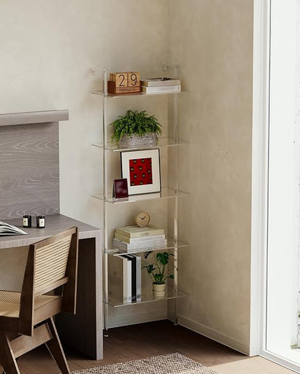 Acrylic Ladder Bookshelf, 5-Tier Clear Wall Mounted Bookshelf with Open Shelves, Multipurpose Bookcase for Living Room, Bathroom, Office, Modern, 11.6" D x 23.4" W x 72.6" H - LeafyLoom