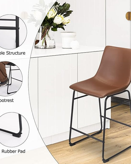 Bar Stools Set of 2, 26 Inches Bar Stool with Back, Carbon Fiber Bar Chair with Metal Legs (Brown) - LeafyLoom