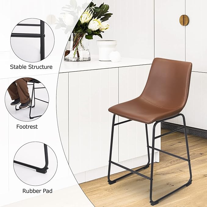 Bar Stools Set of 2, 26 Inches Bar Stool with Back, Carbon Fiber Bar Chair with Metal Legs (Brown) - LeafyLoom