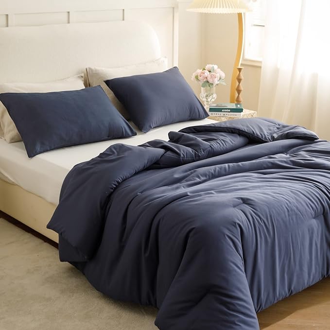 ROSGONIA Twin Comforter Set for College Boys Girls Navy Blue, 1 Boho Blue Comforter & 1 Pillowcase, Lightweight Kids Comforter Soft Dorm Bedding - LeafyLoom