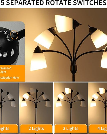DINGLILIGHTING Floor Lamp Tall for Room: Flexible Gooseneck Floor Lamps Standing for Bedroom Home Office - Modern Floor Lights 5-Light - LeafyLoom