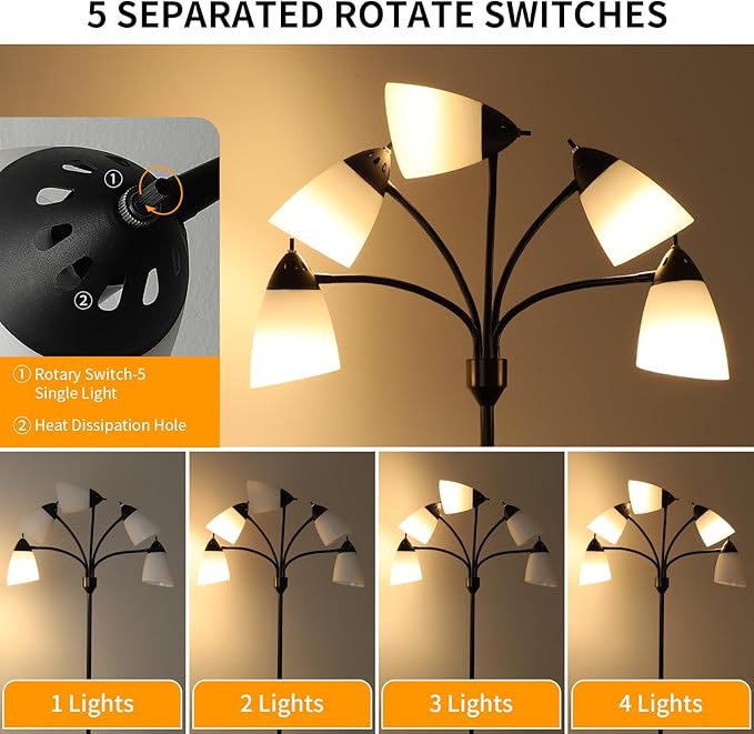 DINGLILIGHTING Floor Lamp Tall for Room: Flexible Gooseneck Floor Lamps Standing for Bedroom Home Office - Modern Floor Lights 5-Light - LeafyLoom