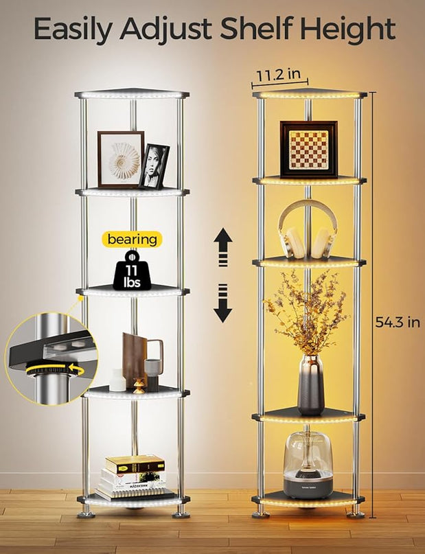 Floor Lamp with Shelves Corner Shelf with Lights Standing Lamp with Charging Stake APP Control Music Sync Multicolor Corner Lamp for Living Room Black 5 Tier - LeafyLoom