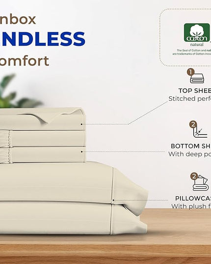 THREAD SPREAD 100% Egyptian Cotton Split King Sheets Sets for Adjustable Bed - 600 Thread Count 5 PC Top Split King Sheets, 16" Deep Pocket Soft Cooling Sheets for Split King Adjustable Bed - Ivory - LeafyLoom