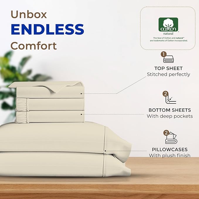 THREAD SPREAD 100% Egyptian Cotton Split King Sheets Sets for Adjustable Bed - 600 Thread Count 5 PC Top Split King Sheets, 16" Deep Pocket Soft Cooling Sheets for Split King Adjustable Bed - Ivory - LeafyLoom