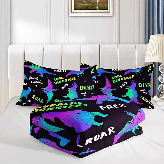 Axolotl Cartoon Dinosaur Bedding Set,Full Size Kids Bed Set,Gradient Dinosaur Comforter Set,1 Quilt with 2 Pillowcases for Boys Girls Kids Teens Children Adults Room Decor All Season,Black - LeafyLoom