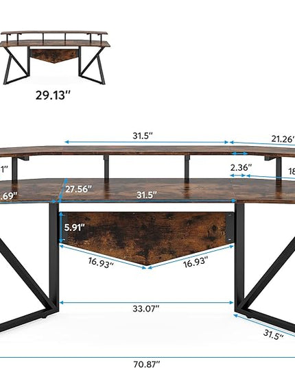 70.9" Large Computer Desk Home Office Desk Wing-Shaped Gaming Studio Desk, Rustic Brown - LeafyLoom