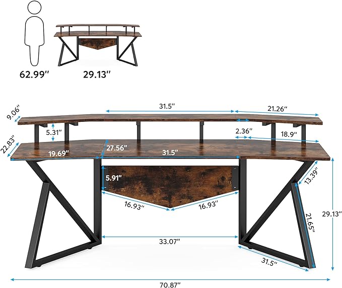 70.9" Large Computer Desk Home Office Desk Wing-Shaped Gaming Studio Desk, Rustic Brown - LeafyLoom