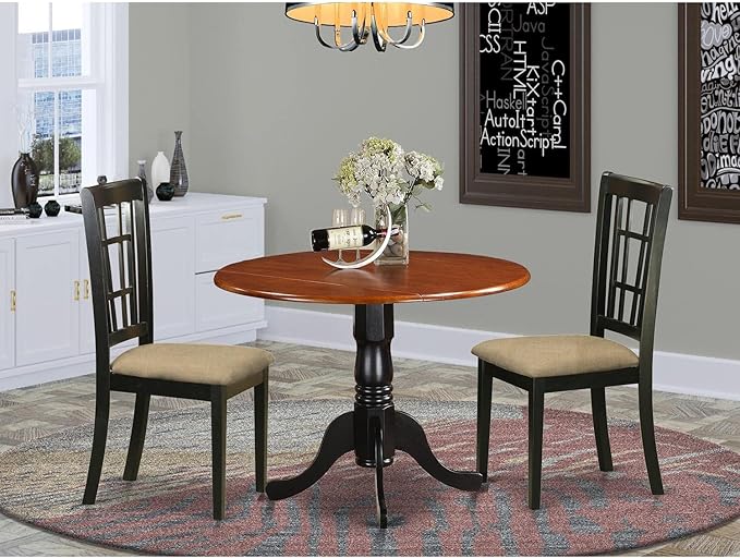 East West Furniture DLNI3-BCH-C 3 Piece Kitchen Set for Small Spaces Contains a Round Table with Dropleaf and 2 Linen Fabric Dining Room Chairs, 42x42 Inch - LeafyLoom
