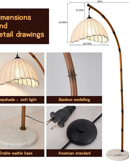 Retro Bamboo Floor Lamp - Unique Bohemian Hanging Arc Floor Lamp with Antique Rattan Style, RGB Colorful Dimmable Vertical Lamp for Dining Room Farmhouse Study Living Room - LeafyLoom