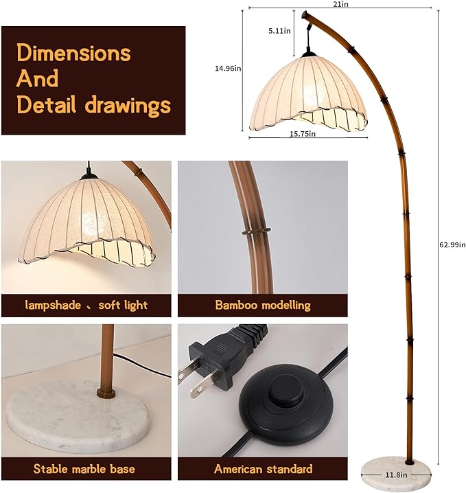 Retro Bamboo Floor Lamp - Unique Bohemian Hanging Arc Floor Lamp with Antique Rattan Style, RGB Colorful Dimmable Vertical Lamp for Dining Room Farmhouse Study Living Room - LeafyLoom