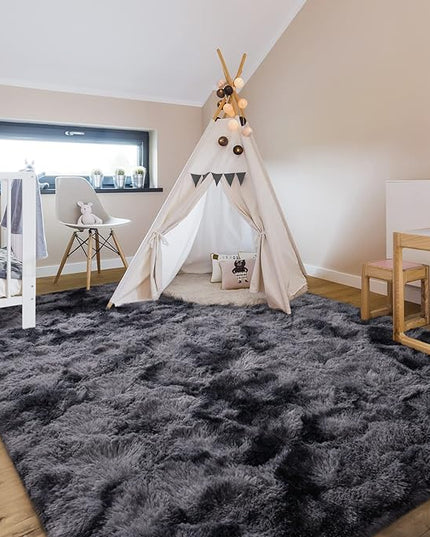 4x6 Large Area Rugs for Living Room, Super Soft Fluffy Modern Bedroom Rug, Tie-Dyed Dark Grey Indoor Shag Fuzzy Carpets for Girls Kids Nursery Room Home Decor - LeafyLoom