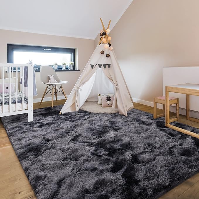 4x6 Large Area Rugs for Living Room, Super Soft Fluffy Modern Bedroom Rug, Tie-Dyed Dark Grey Indoor Shag Fuzzy Carpets for Girls Kids Nursery Room Home Decor - LeafyLoom