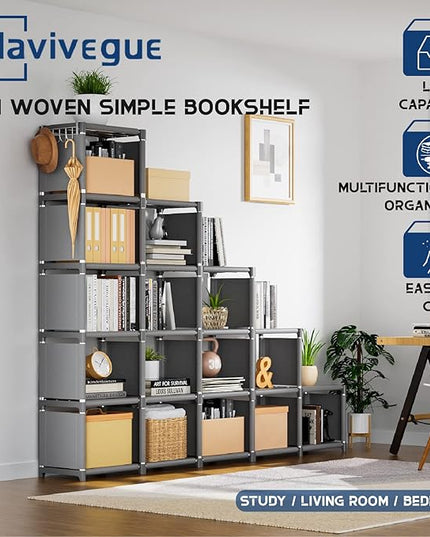 Mavivegue Book Shelf, 16 Cube Storage Organizer, DIY Bookcase, Metal Cube Bookshelf,Tall Book case for Bedroom, Living Room,Office,Closet Storage Organizer, Grey Cubicle Storage Rack - LeafyLoom